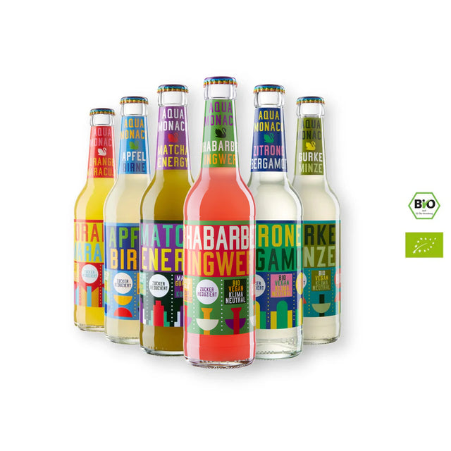 Sechs Flaschen Aqua Monaco Bio-Limonade in verschiedenen Sorten